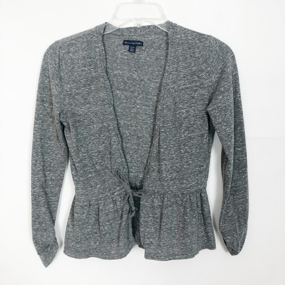 American Eagle Gray Ruffle Hem Long Sleeve Top Size XS
